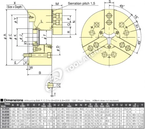 B-205 3х кулачковый высокоскоростной патрон с открытым центром  Kitagawa фото